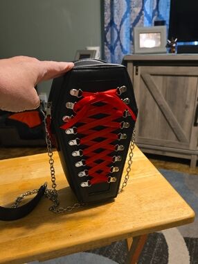 Black Coffin Crossbody Bag with Red Lace-Up Detail